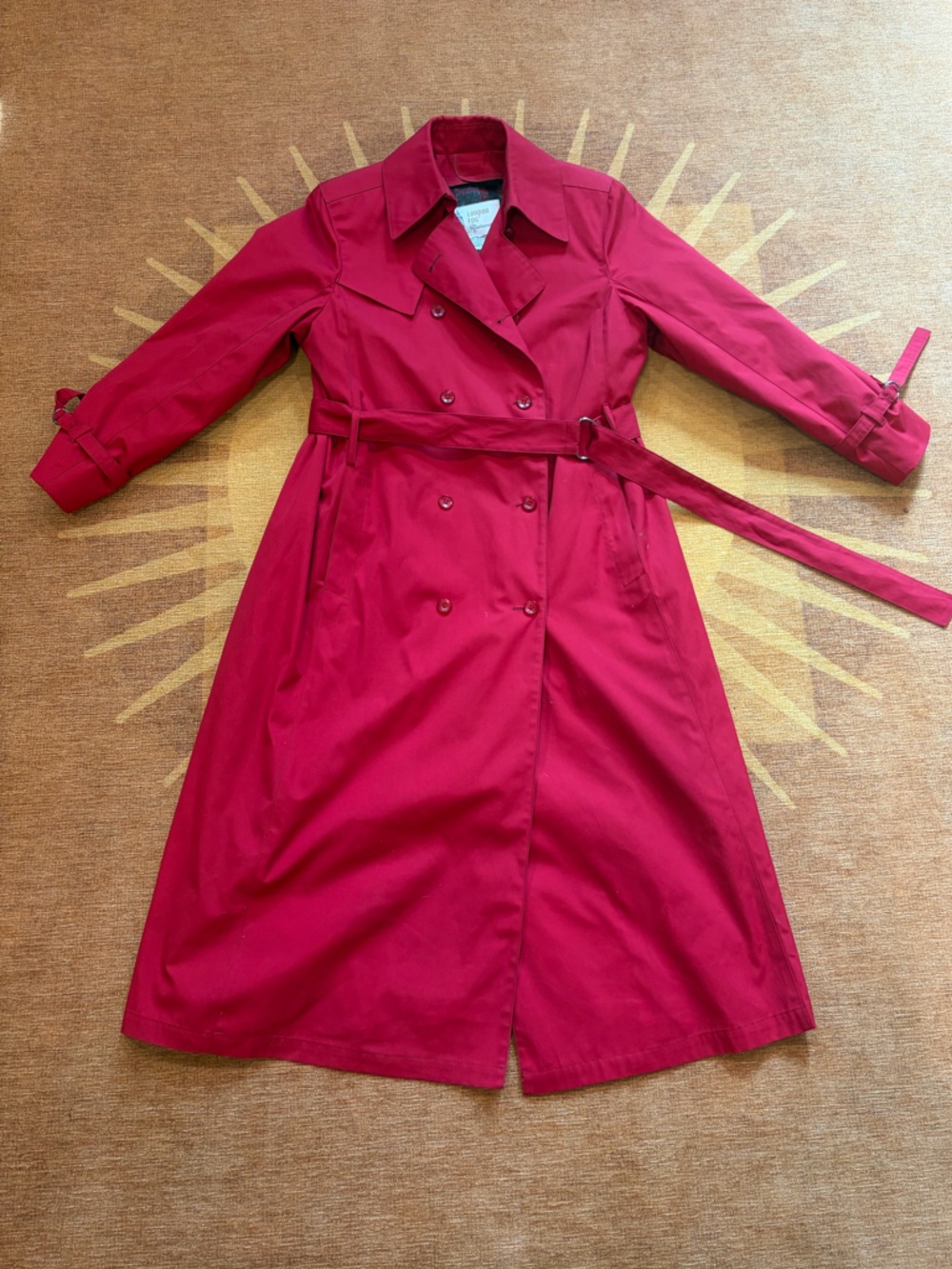 London Fog Red Double-Breasted Trench Coat with Belt. Made in U.S.A.